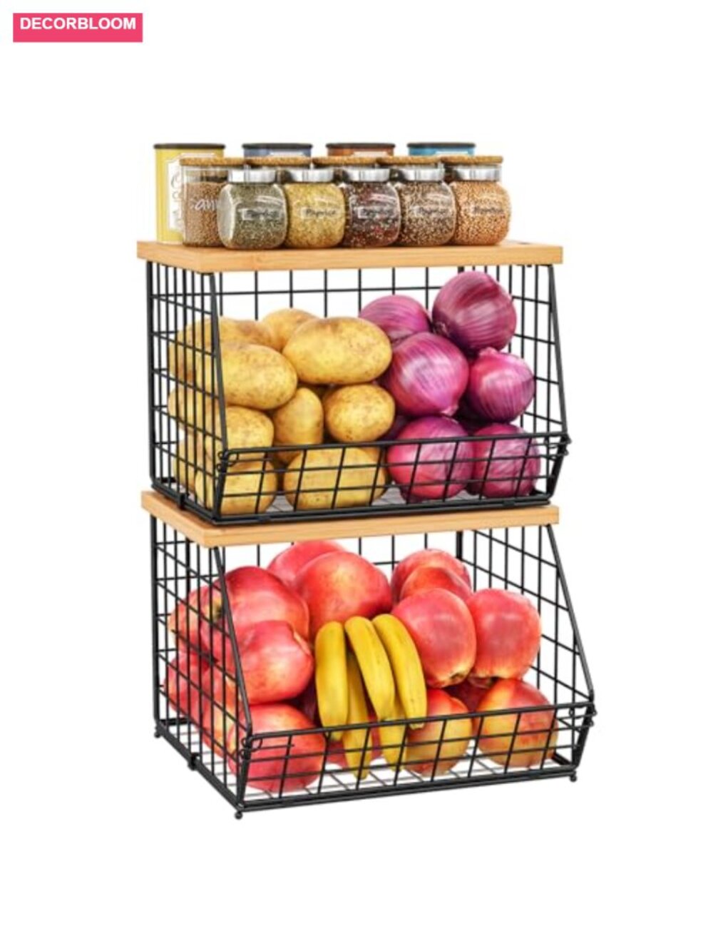Stackable Wire Baskets with Wooden Tops, XL Kitchen Storage for Fruit